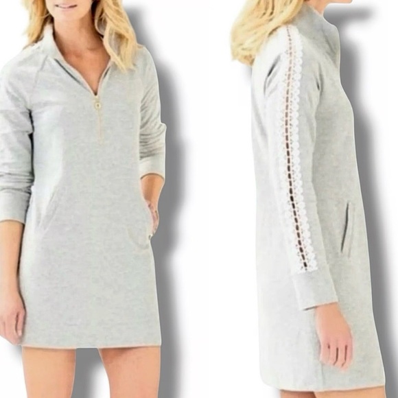 Lilly Pulitzer Dresses & Skirts - Lilly Pulitzer Light Gray Lace-Trim Long Sleeve Mini Dress slipper popover